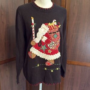 Vintage KIKIT Holiday Sweater‎ Women Black Santa Claus Elbow Patch Crew Neck. LG
